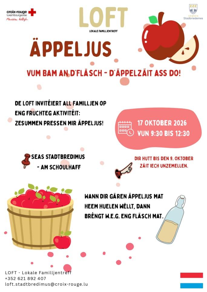 Flyer for Äppeljus vum Bam an d'Fläsch: family apple juice pressing