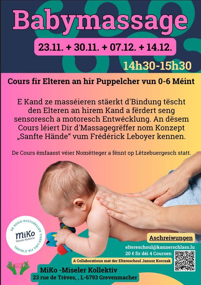 Flyer for Babymassage: baby massage workshop for parents and babies