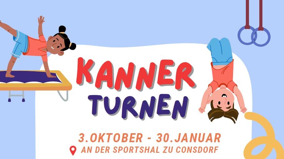Flyer for Kanner Turnen: toddler gymnastics on Saturday mornings