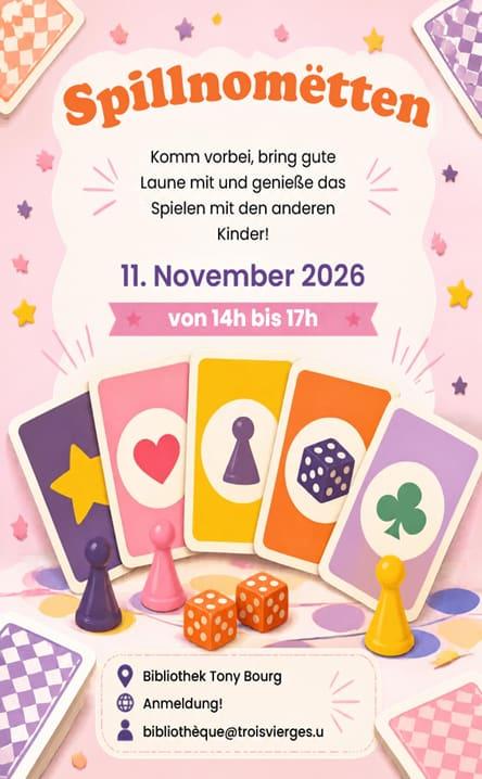 Flyer for Spillnomëtten: children's games afternoon at the library